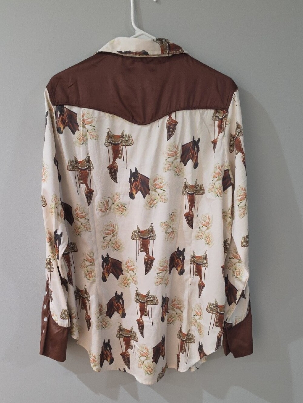 Cream Horse-Print Button Down Shirt with Leopard Trim - Picture 8 of 8